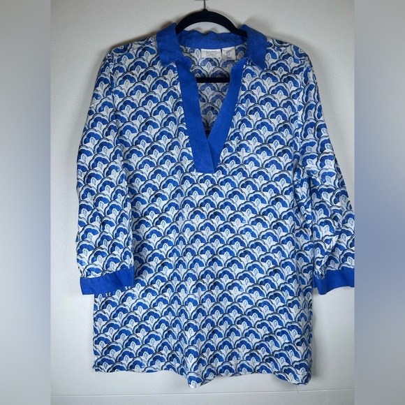 Sigrid Olsen Blue and White Linen Top. VNeck. Size Medium. 100% Linen. - Picture 1 of 8